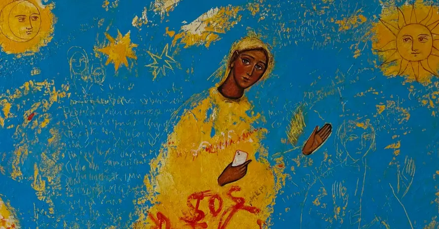 A depiction of a distressed Ukrainian woman with a mobile phone seeking help.